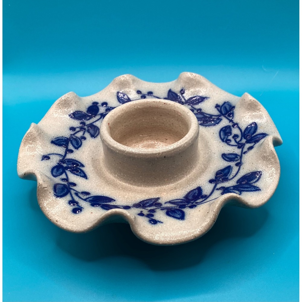 Salmon Falls Stoneware Candle Holder Blue Ruffled Salt Glaze Farmhouse W/O Shade